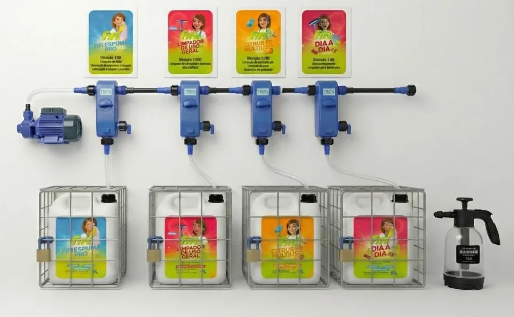 Instalação do sistema FIFI: quatro dosadores de parede conectados a galões de 5 litros em gaiolas, com placas de identificação por produto